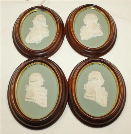 A set of four Wedgwood jasper portrait plaques of British Military Commanders, first half 19th century, 14.5cm incl. frames